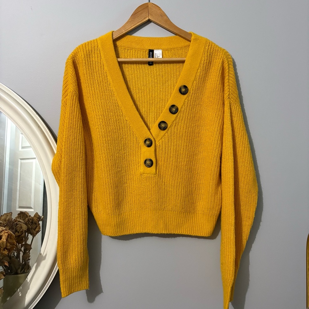 H&M Mustard V-Neck Sweater with Button Accents